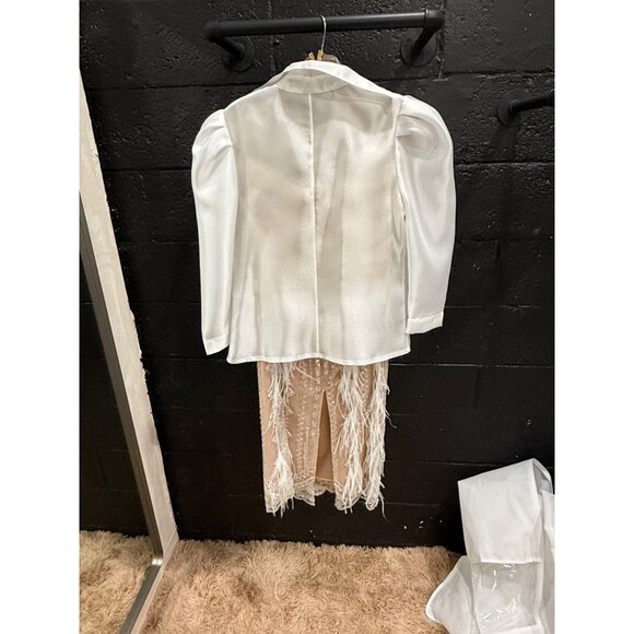 Marwan Midi Dress with Feathered Skirt and Sweep Train - Picture 6 of 7